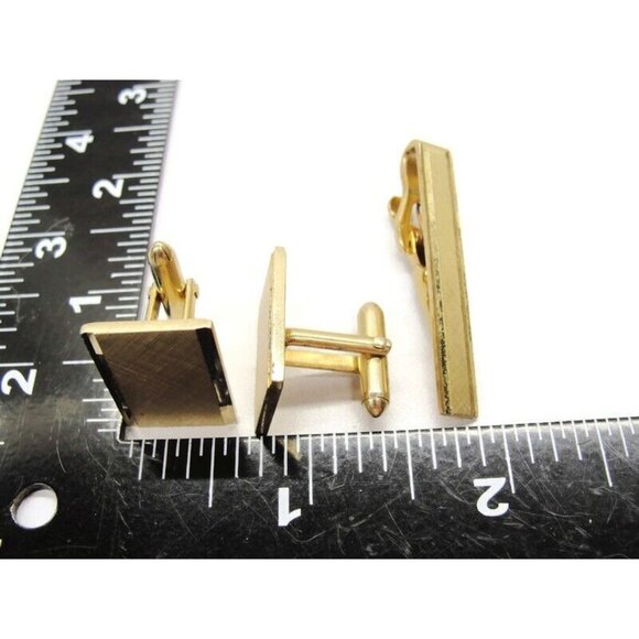 Vtg Swank Brushed Finish Cufflinks Tie Bar Set Gold Tone Tux Shirt Dress Suit - Picture 5 of 7